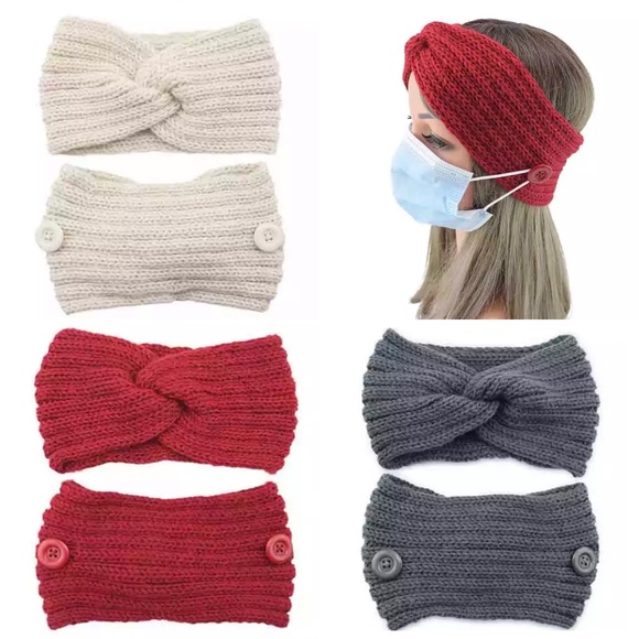 Set of 3 Mask friendly knit hair wraps buttons hold mask on hairband head wrap - Picture 1 of 8